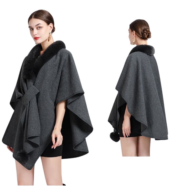 poncho femme avec col en fourrure